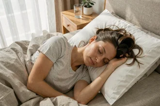 Femme dormant paisiblement dans un lit confortable, illustrant l'importance du sommeil réparateur pour la perte de masse grasse
