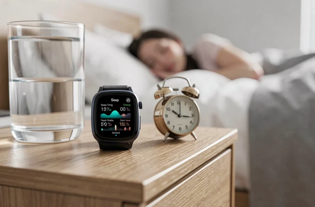 Montre connectée affichant des données de suivi du sommeil posée sur une table de nuit, illustrant le lien entre qualité du sommeil et perte de masse grasse