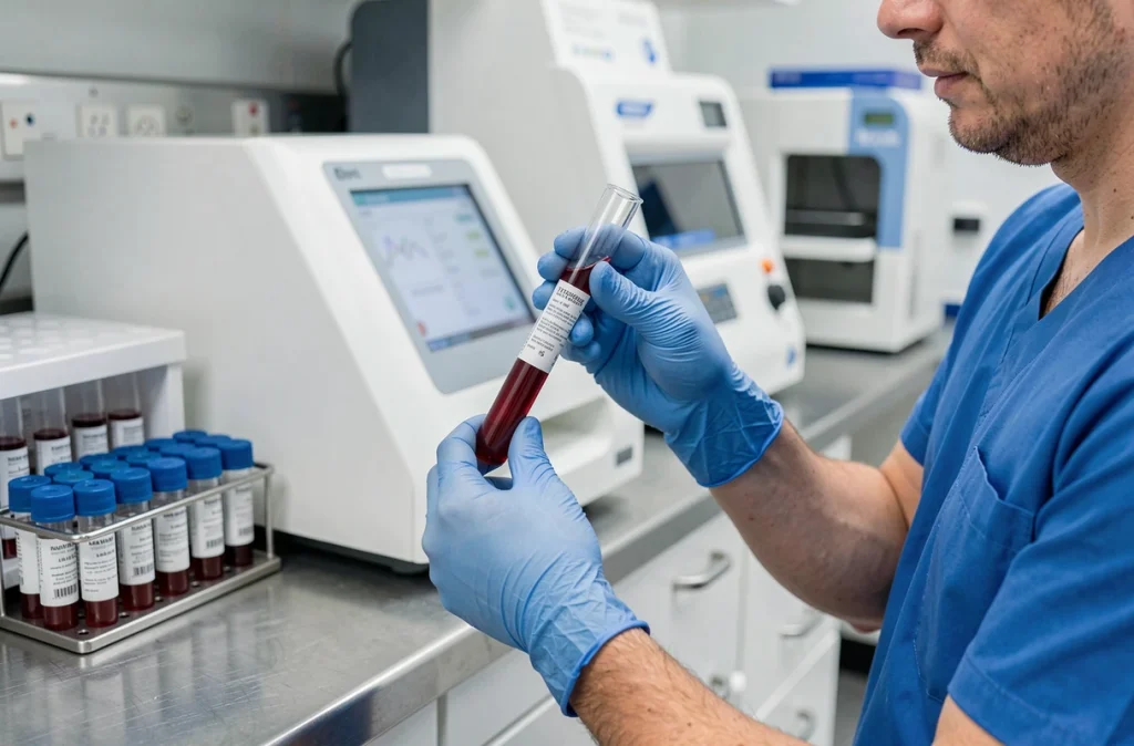 Technicien de laboratoire analysant un échantillon de sang pour mesurer le taux de globules blancs dans le cadre d'un bilan hématologique