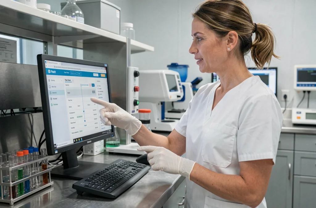 Technicienne de laboratoire expliquant comment accéder aux résultats d'analyses sur Laboconnect depuis un poste informatique