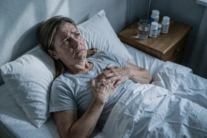 Femme d'âge moyen insomniaque allongée dans son lit la nuit, regard anxieux vers le plafond, médicaments sur la table de chevet