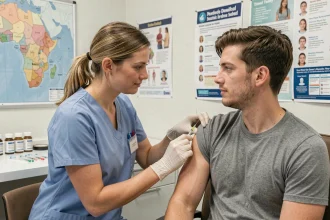 Infirmière administrant un vaccin contre la fièvre jaune à un voyageur dans une clinique de santé avant un voyage en Tanzanie
