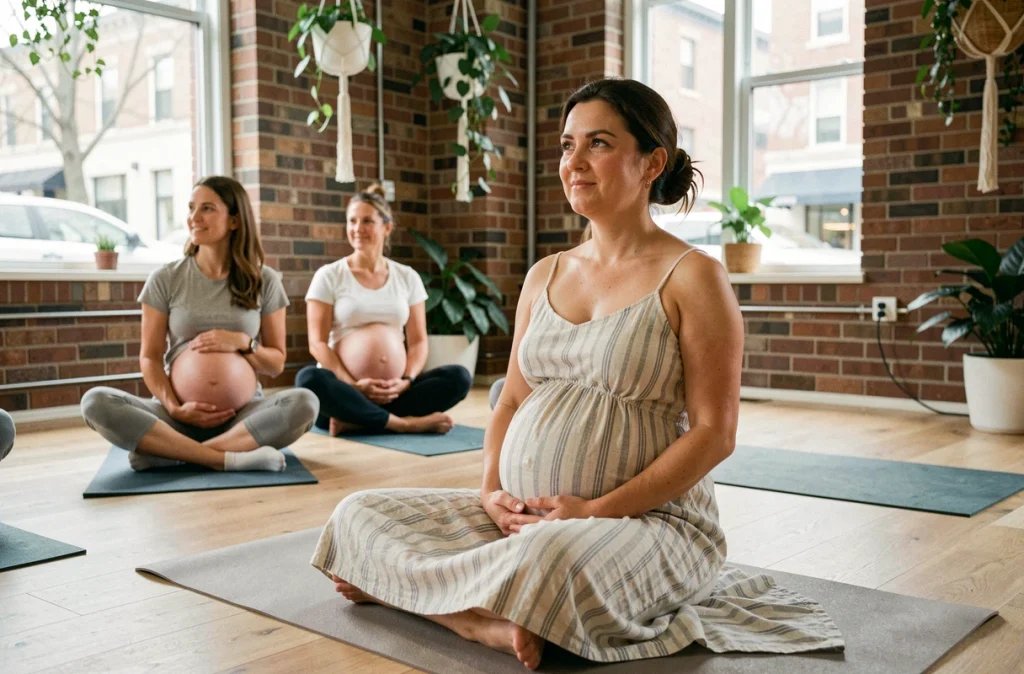 Femme enceinte de jumeaux participant à un cours de yoga prénatal en groupe dans un espace bien-être communautaire