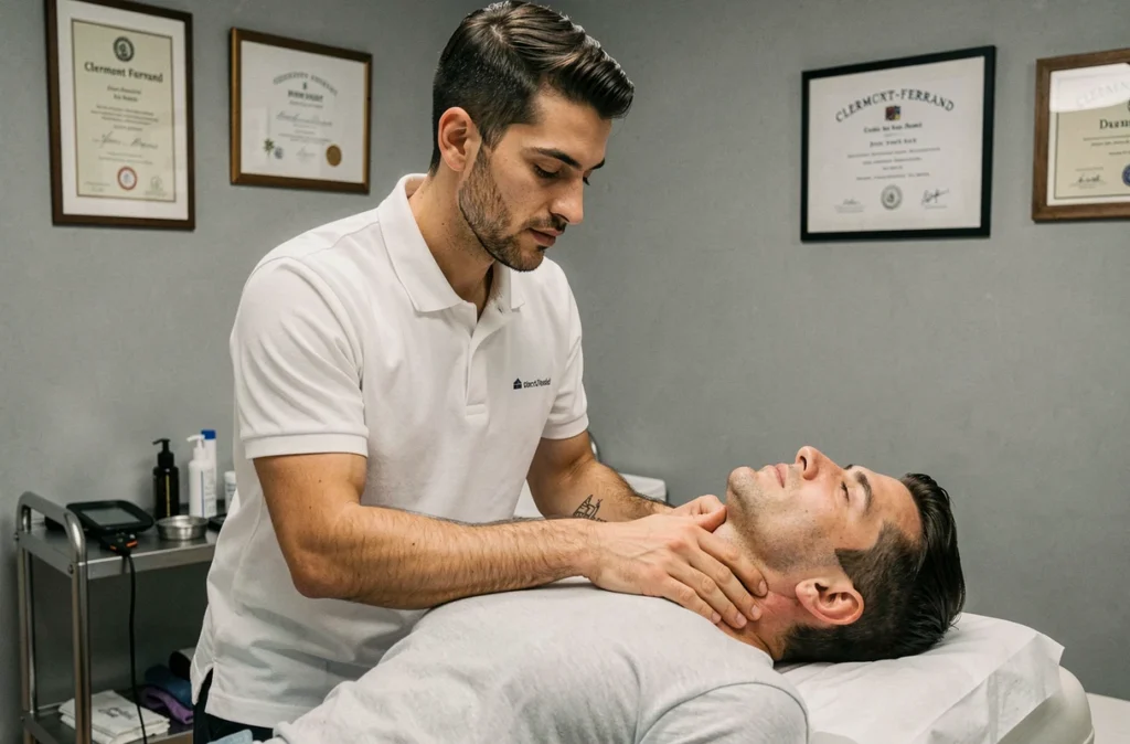 Anthony Cambieri, ostéopathe à Clermont-Ferrand, réalisant une technique cervicale sur un patient allongé