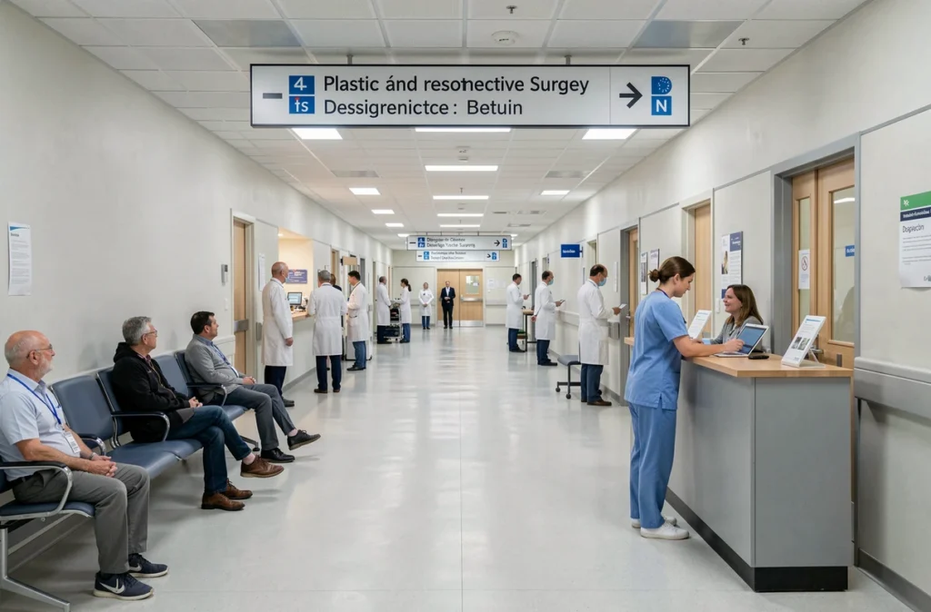 Hall d'entrée du CHU de Besançon avec signalétique du service de chirurgie plastique reconstructrice et esthétique