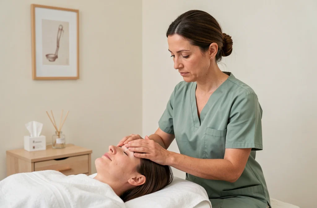 Claire Réméry, ostéopathe dans le Puy-de-Dôme, pratiquant une technique crânio-sacrée sur une patiente allongée