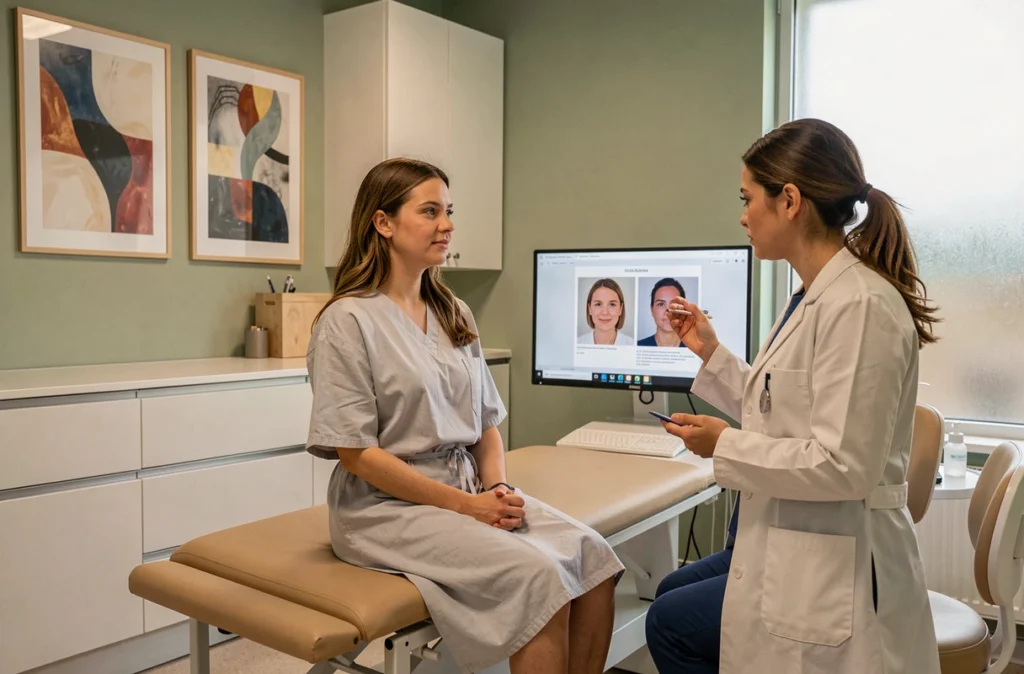 Consultation de chirurgie esthétique à la Clinique Tonkin de Belfort avec une patiente et une chirurgienne