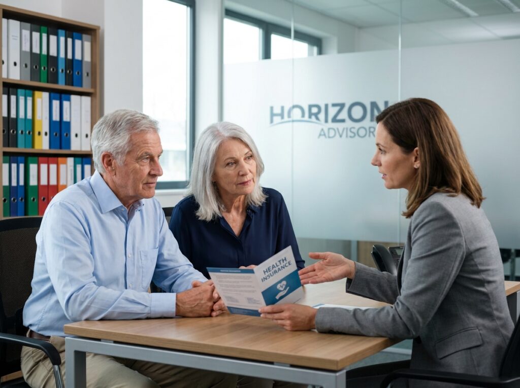 Un couple de seniors en consultation avec une conseillère mutuelle santé dans un bureau professionnel
