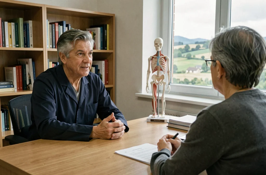 Daniel Martinez, ostéopathe dans le Puy-de-Dôme, en consultation avec un patient dans son cabinet