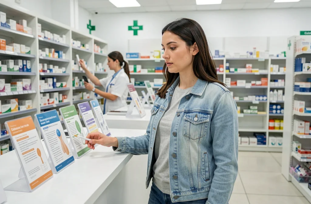 Femme en pharmacie explorant des options de contraception après le retrait d'un stérilet
