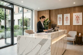 Accueil d'une clinique esthétique moderne en Bourgogne-Franche-Comté avec une coordinatrice médicale professionnelle