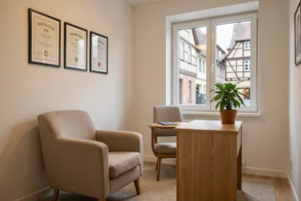 Cabinet de psychologie dans le Bas-Rhin avec fauteuil, bureau en bois et vue sur une rue alsacienne