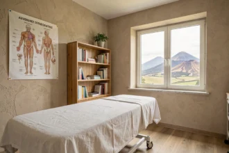 Cabinet d'ostéopathie professionnel dans le Puy-de-Dôme avec table de traitement et vue sur le paysage volcanique auvergnat
