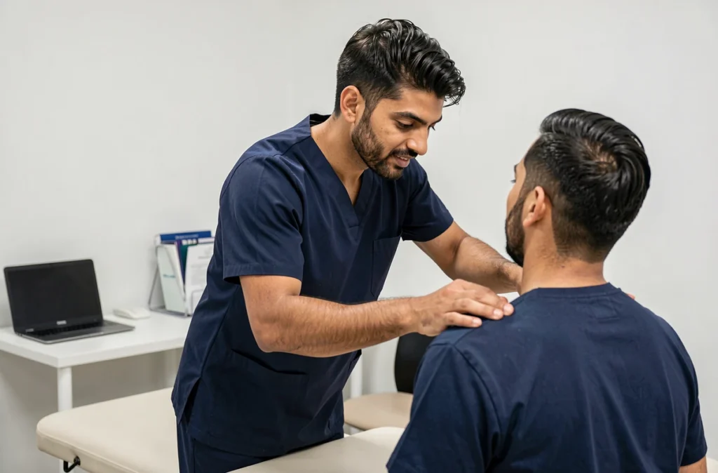 Rémi Shrivastava, ostéopathe à Clermont-Ferrand, examinant le dos d'un patient en consultation