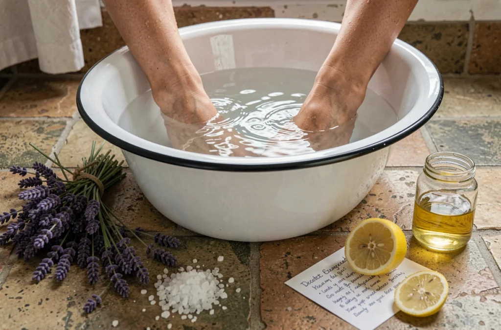 Bain de pieds aux plantes et sel marin pour soulager naturellement l'épine calcanéenne selon les remèdes de grand-mère