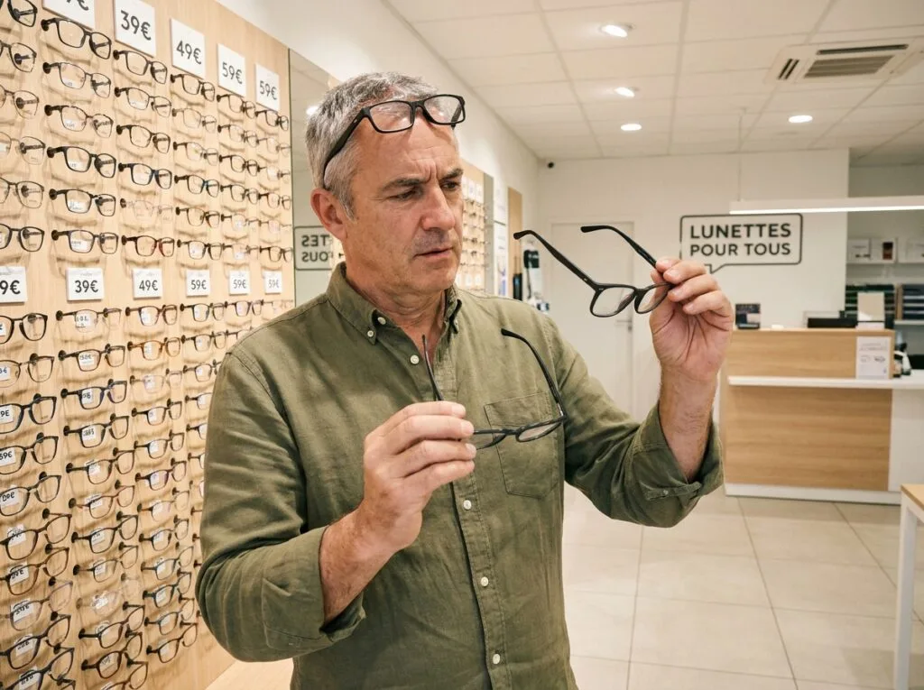 Homme comparant des montures de lunettes abordables devant un mur d'exposition dans une optique en France