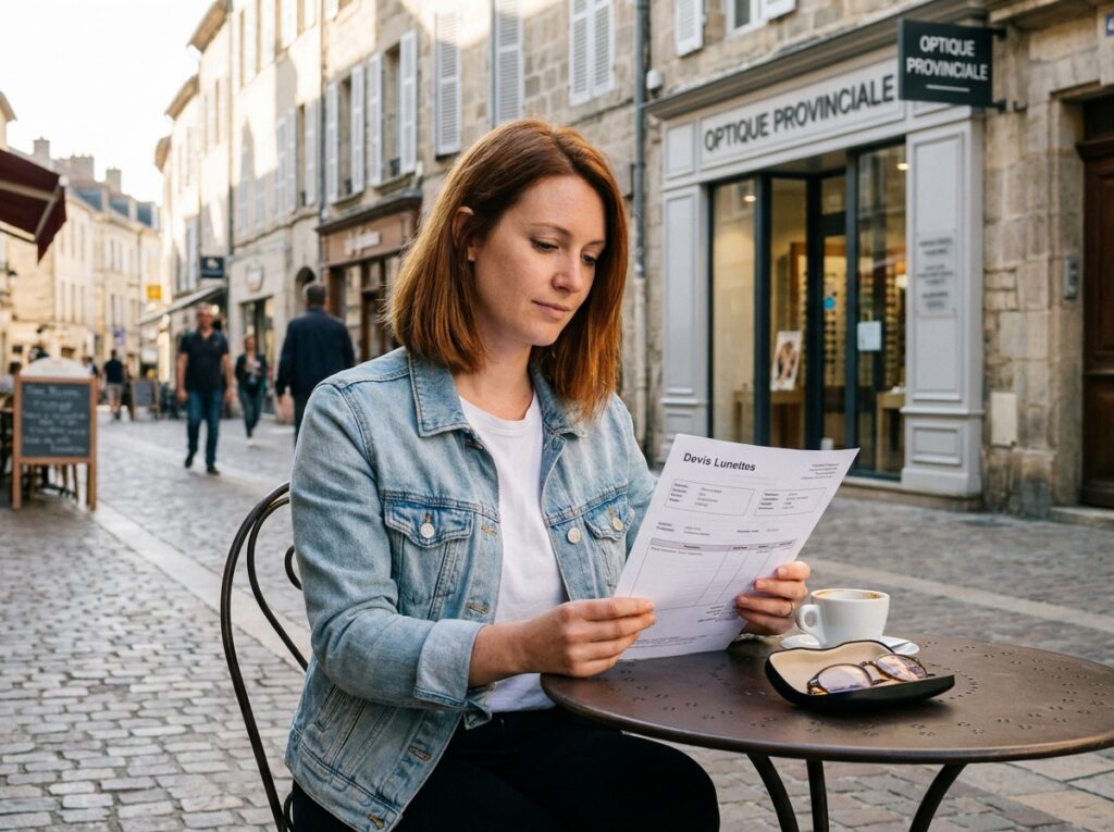 Jeune femme consultant un devis d'opticien en terrasse dans une rue commerçante de Lunel