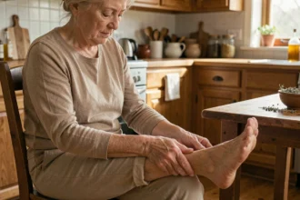 Femme âgée massant son talon douloureux avec un remède naturel maison pour soulager l'épine calcanéenne